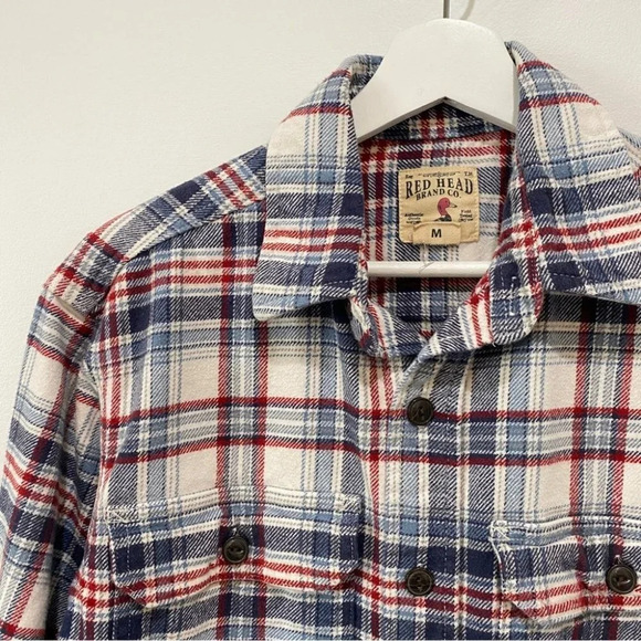 Red Head Mens Flannel Shirt Size M Long Sleeve Button Down beige/ blue/ red - Picture 9 of 13